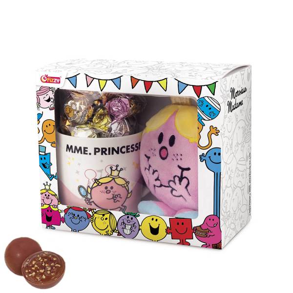 Valisette cadeau Monsieur Madame avec mug, bouchées chocolatées et peluche Valisette cadeau Monsieur Madame avec mug, bouchées chocolatées et peluche