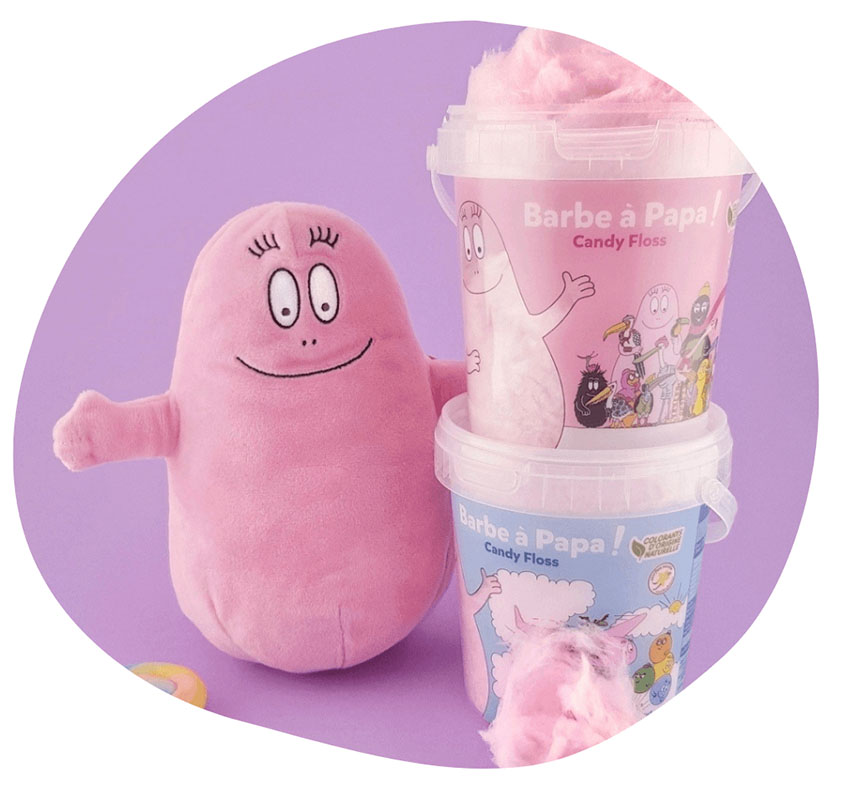 pots de barbe à papa rose et bleu avec une peluche barbapapa 